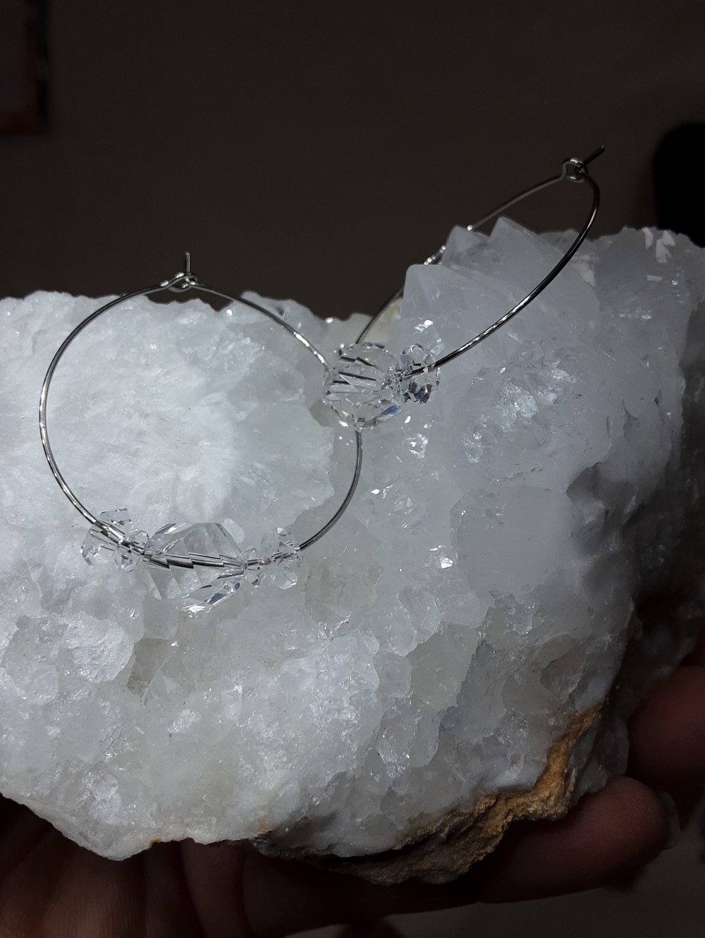 Large, Stainless Steel, Fancy Cut Herkimer Diamond Quartz Hoop Earrings.